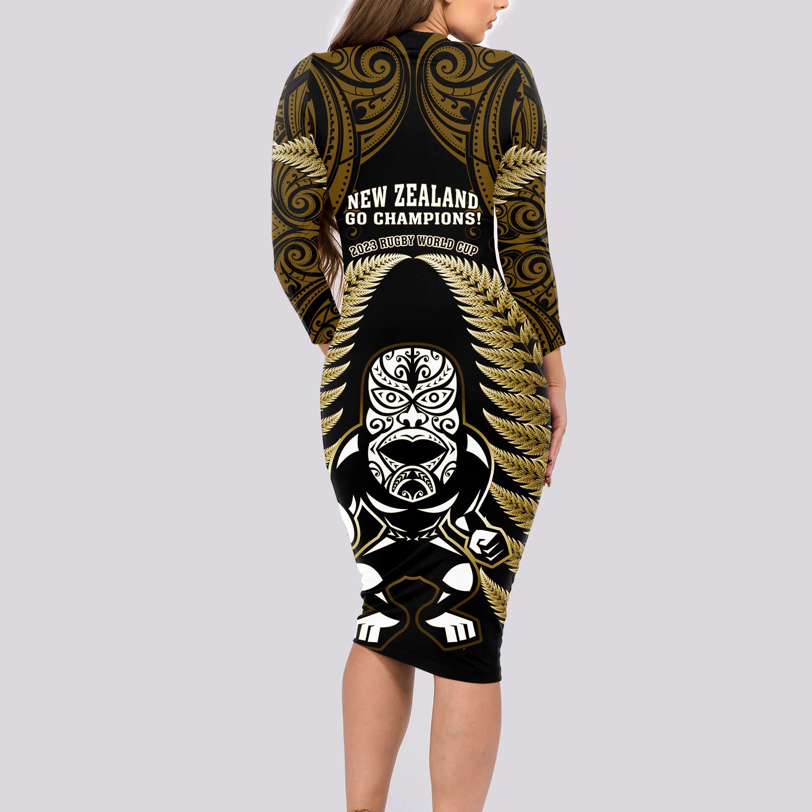 new-zealand-aotearoa-rugby-long-sleeve-bodycon-dress-nz-tiki-with-maori-fern-world-cup-gold-version