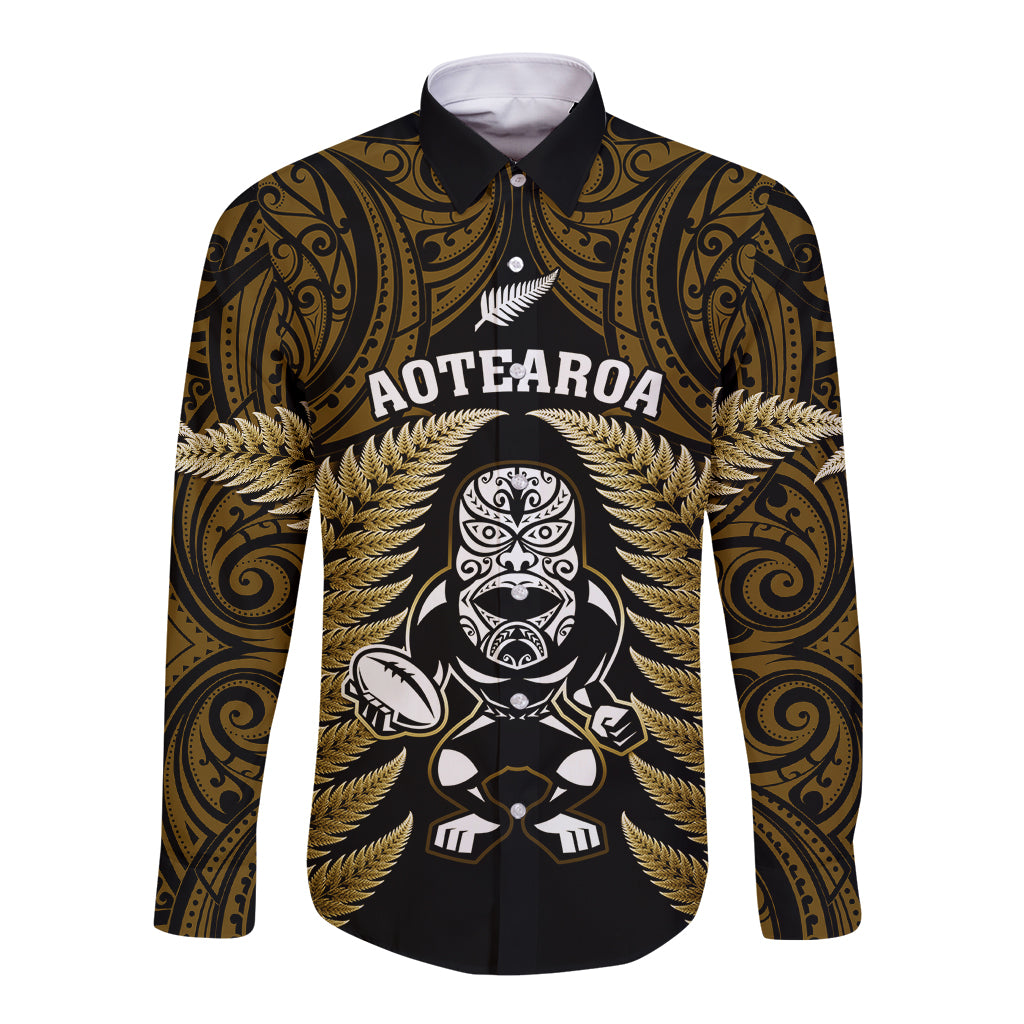 New Zealand Aotearoa Rugby Long Sleeve Button Shirt NZ Tiki With Maori Fern World Cup Gold Version - Vibe Hoodie Shop