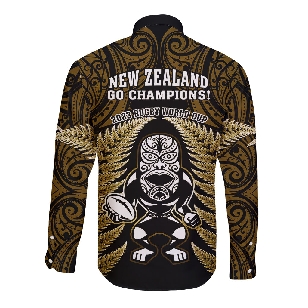 New Zealand Aotearoa Rugby Long Sleeve Button Shirt NZ Tiki With Maori Fern World Cup Gold Version - Vibe Hoodie Shop