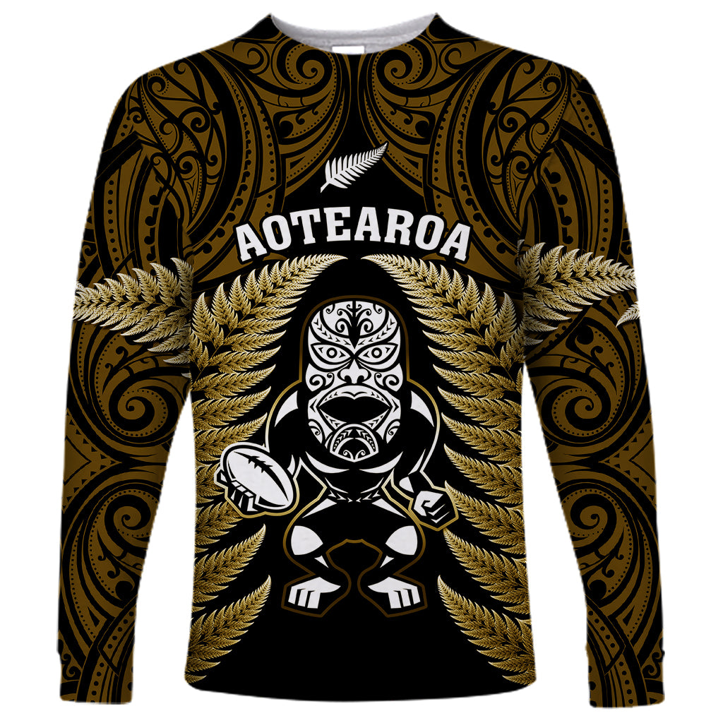 New Zealand Aotearoa Rugby Long Sleeve Shirt NZ Tiki With Maori Fern World Cup Gold Version - Vibe Hoodie Shop
