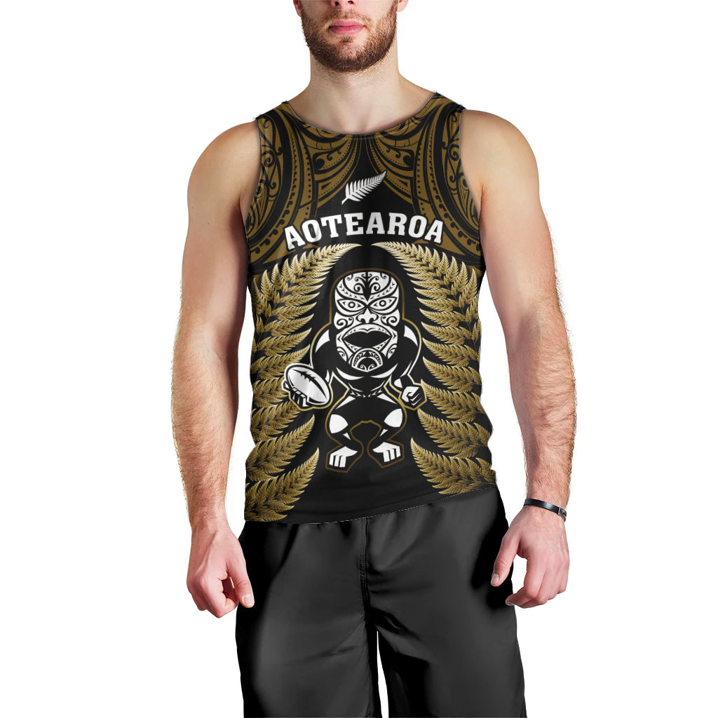 New Zealand Aotearoa Rugby Men Tank Top NZ Tiki With Maori Fern World Cup Gold Version - Vibe Hoodie Shop