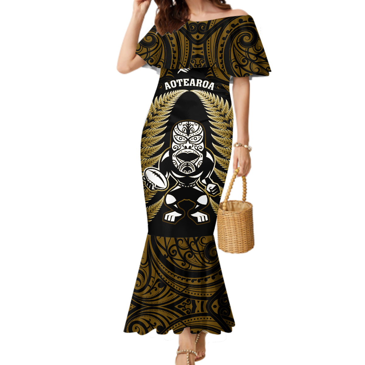 new-zealand-aotearoa-rugby-mermaid-dress-nz-tiki-with-maori-fern-world-cup-gold-version