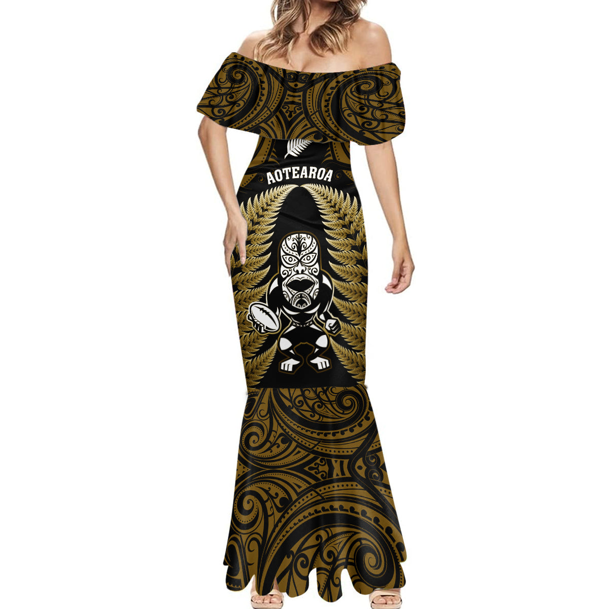 new-zealand-aotearoa-rugby-mermaid-dress-nz-tiki-with-maori-fern-world-cup-gold-version
