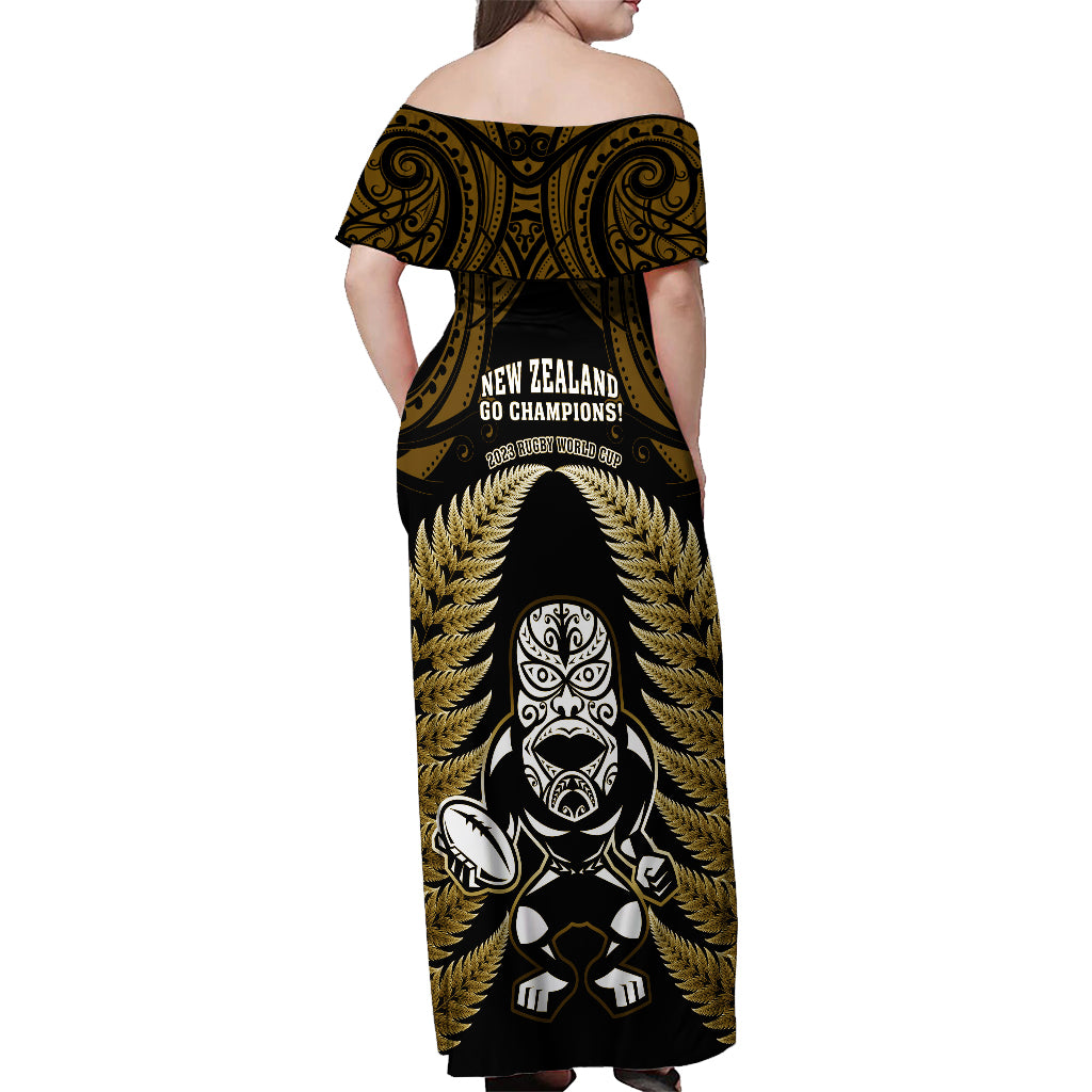 New Zealand Aotearoa Rugby Off Shoulder Maxi Dress NZ Tiki With Maori Fern World Cup Gold Version - Vibe Hoodie Shop