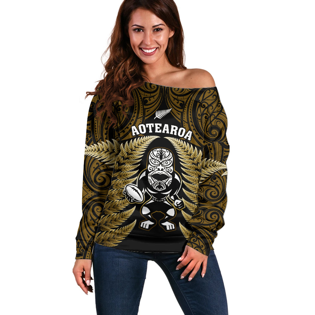 New Zealand Aotearoa Rugby Off Shoulder Sweater NZ Tiki With Maori Fern World Cup Gold Version - Vibe Hoodie Shop