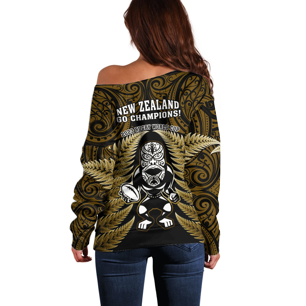 New Zealand Aotearoa Rugby Off Shoulder Sweater NZ Tiki With Maori Fern World Cup Gold Version - Vibe Hoodie Shop