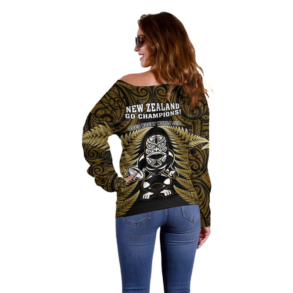 New Zealand Aotearoa Rugby Off Shoulder Sweater NZ Tiki With Maori Fern World Cup Gold Version - Vibe Hoodie Shop
