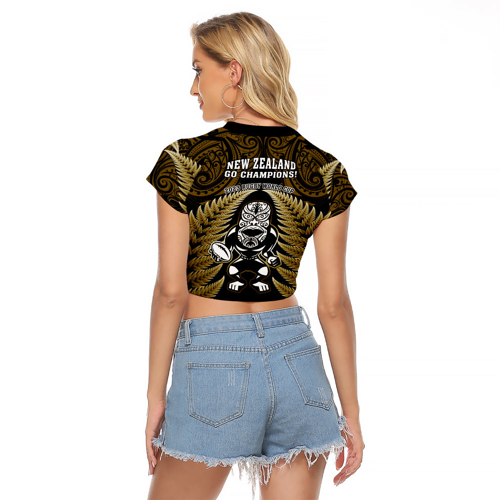 New Zealand Aotearoa Rugby Raglan Cropped T Shirt NZ Tiki With Maori Fern World Cup Gold Version - Vibe Hoodie Shop