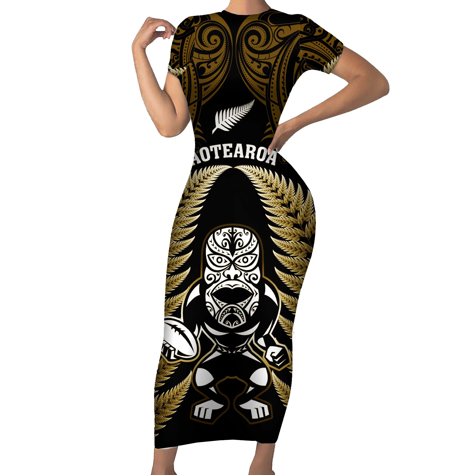 new-zealand-aotearoa-rugby-short-sleeve-bodycon-dress-nz-tiki-with-maori-fern-world-cup-gold-version