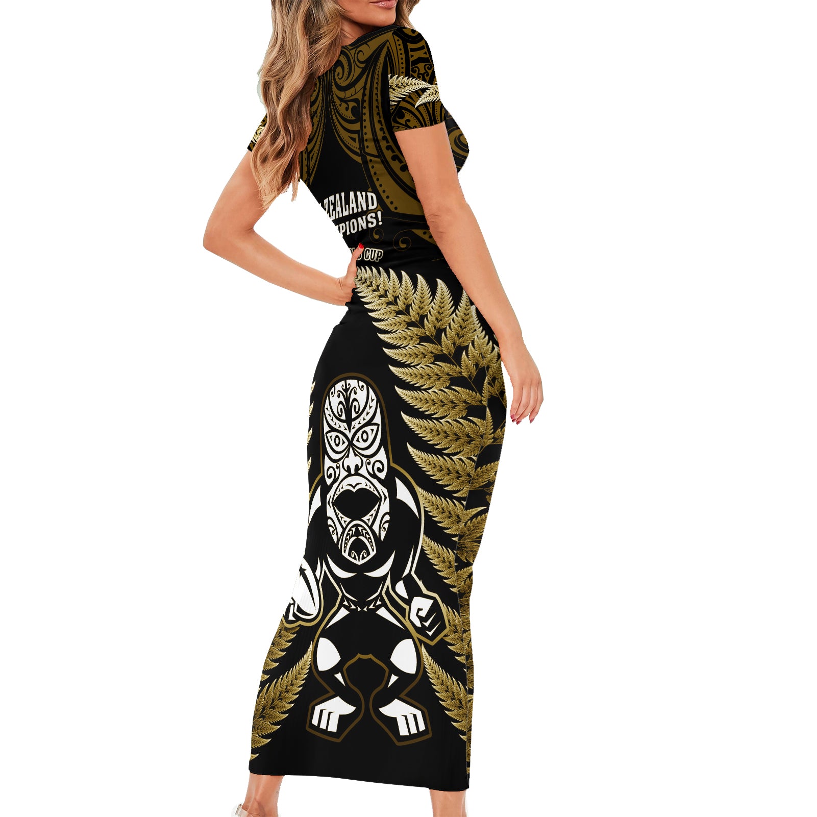 new-zealand-aotearoa-rugby-short-sleeve-bodycon-dress-nz-tiki-with-maori-fern-world-cup-gold-version