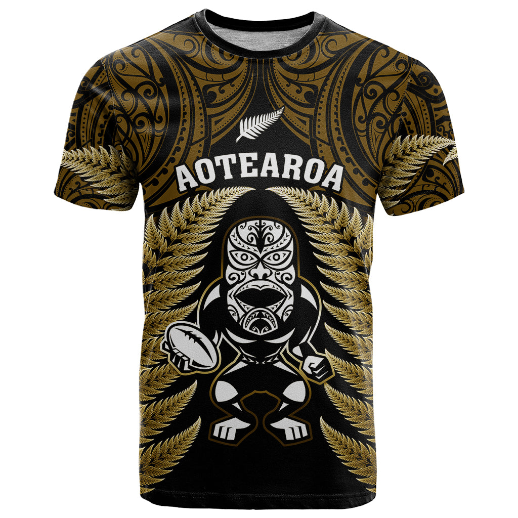 New Zealand Aotearoa Rugby T Shirt NZ Tiki With Maori Fern World Cup Gold Version - Vibe Hoodie Shop