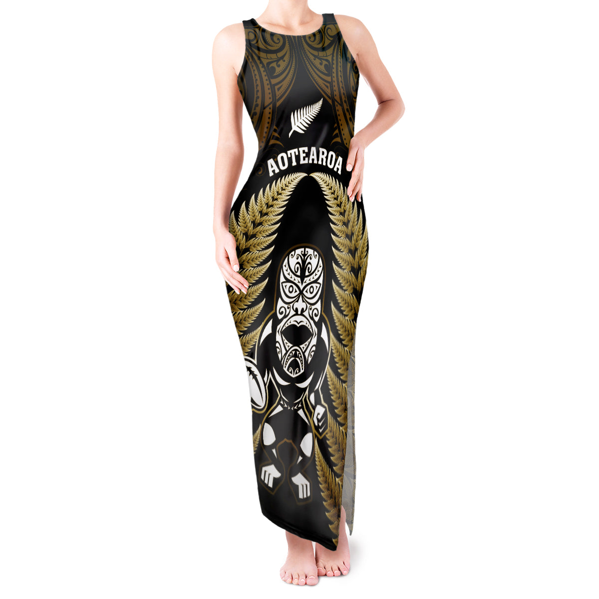 new-zealand-aotearoa-rugby-tank-maxi-dress-nz-tiki-with-maori-fern-world-cup-gold-version