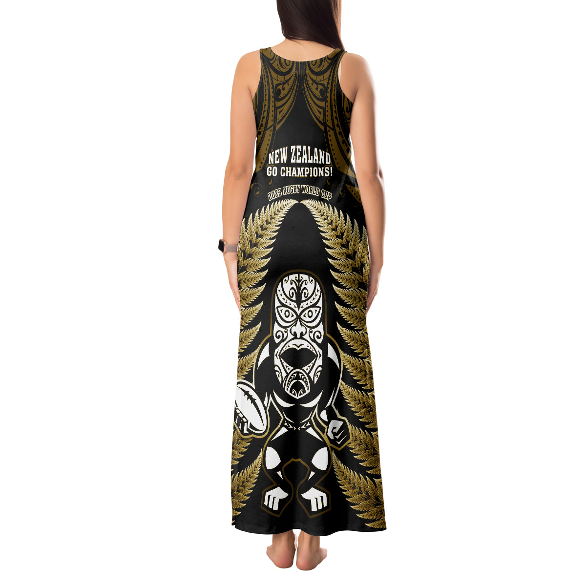 new-zealand-aotearoa-rugby-tank-maxi-dress-nz-tiki-with-maori-fern-world-cup-gold-version