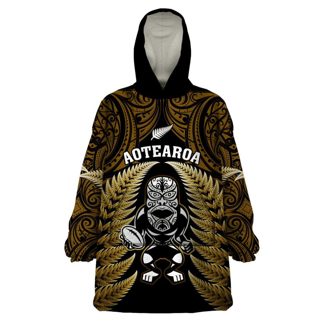 New Zealand Aotearoa Rugby Wearable Blanket Hoodie NZ Tiki With Maori Fern World Cup Gold Version - Vibe Hoodie Shop