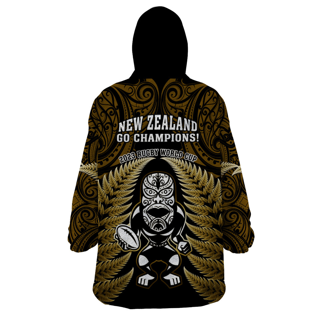 New Zealand Aotearoa Rugby Wearable Blanket Hoodie NZ Tiki With Maori Fern World Cup Gold Version - Vibe Hoodie Shop