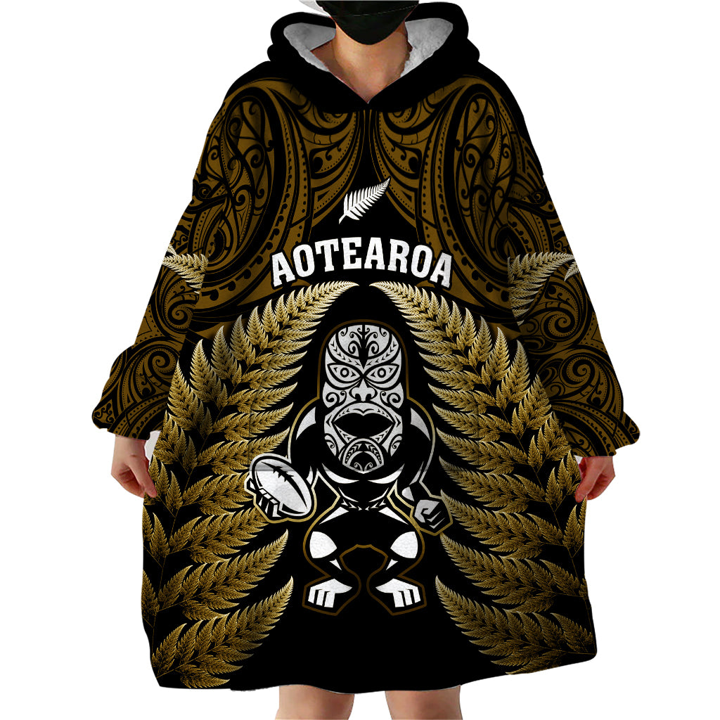 New Zealand Aotearoa Rugby Wearable Blanket Hoodie NZ Tiki With Maori Fern World Cup Gold Version - Vibe Hoodie Shop