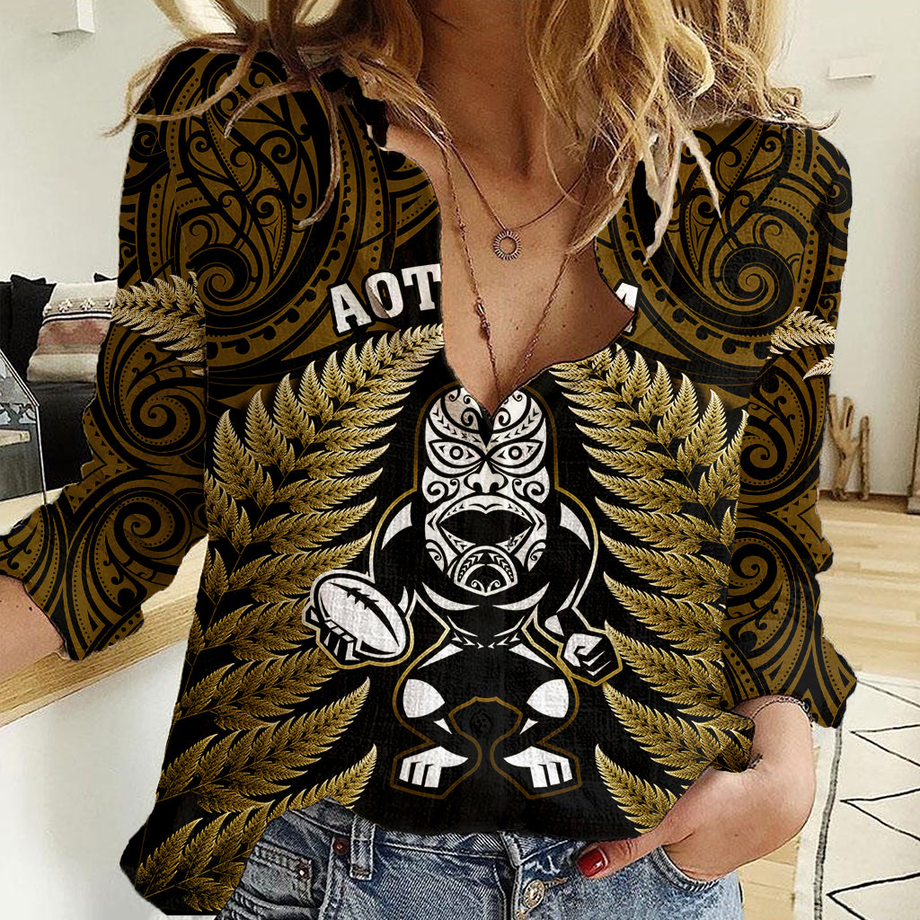 New Zealand Aotearoa Rugby Women Casual Shirt NZ Tiki With Maori Fern World Cup Gold Version - Vibe Hoodie Shop