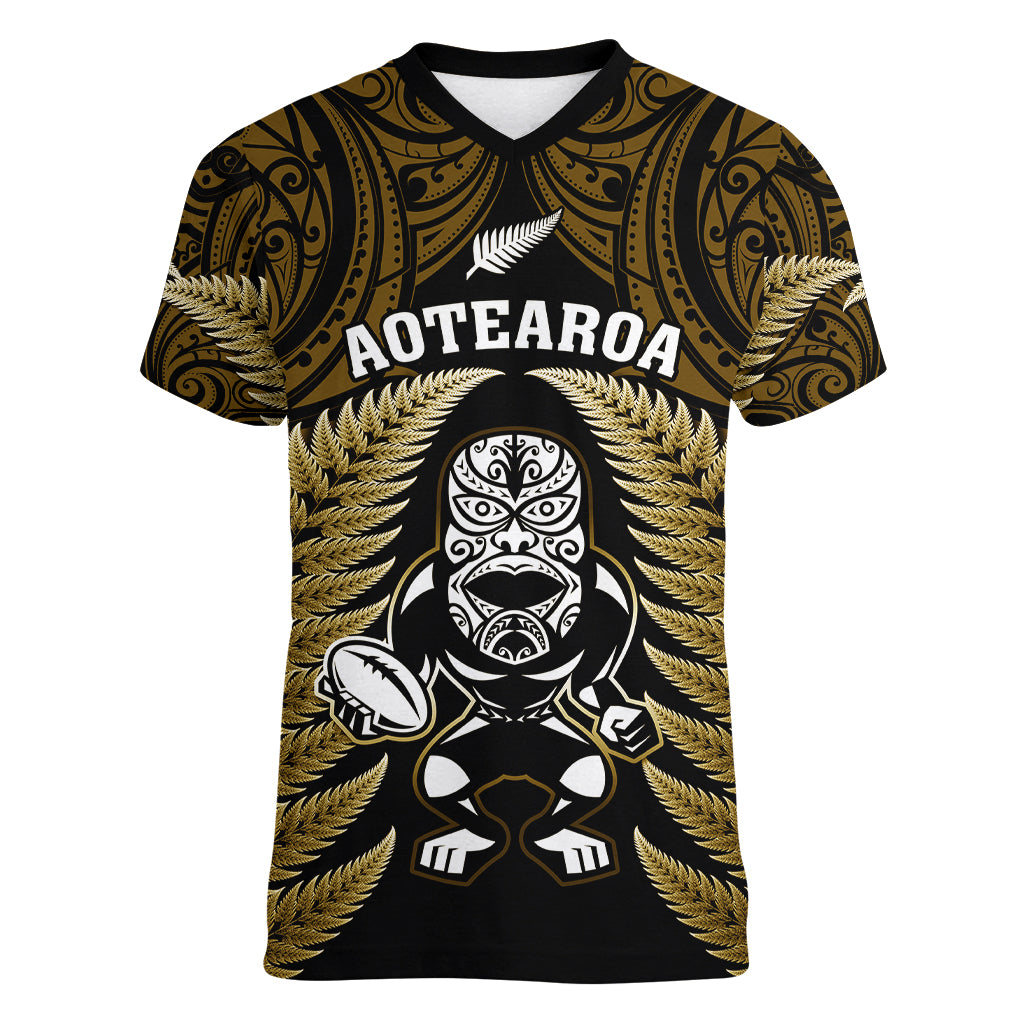 New Zealand Aotearoa Rugby Women V Neck T Shirt NZ Tiki With Maori Fern World Cup Gold Version - Vibe Hoodie Shop