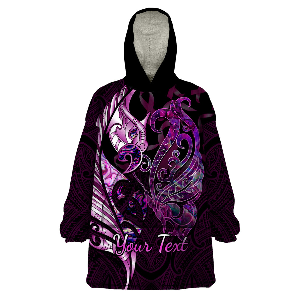 Personalised New Zealand Breast Cancer Wearable Blanket Hoodie Fight Like A Girl Pink Manaia Fern With Paua Shell - Vibe Hoodie Shop