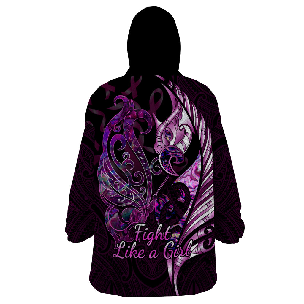 Personalised New Zealand Breast Cancer Wearable Blanket Hoodie Fight Like A Girl Pink Manaia Fern With Paua Shell - Vibe Hoodie Shop