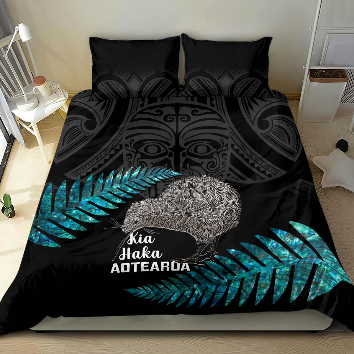 New Zealand Silver Fern Rugby Bedding Set Pacific 2023 Kia Haka Kiwis With Maori Ta Moko - Vibe Hoodie Shop