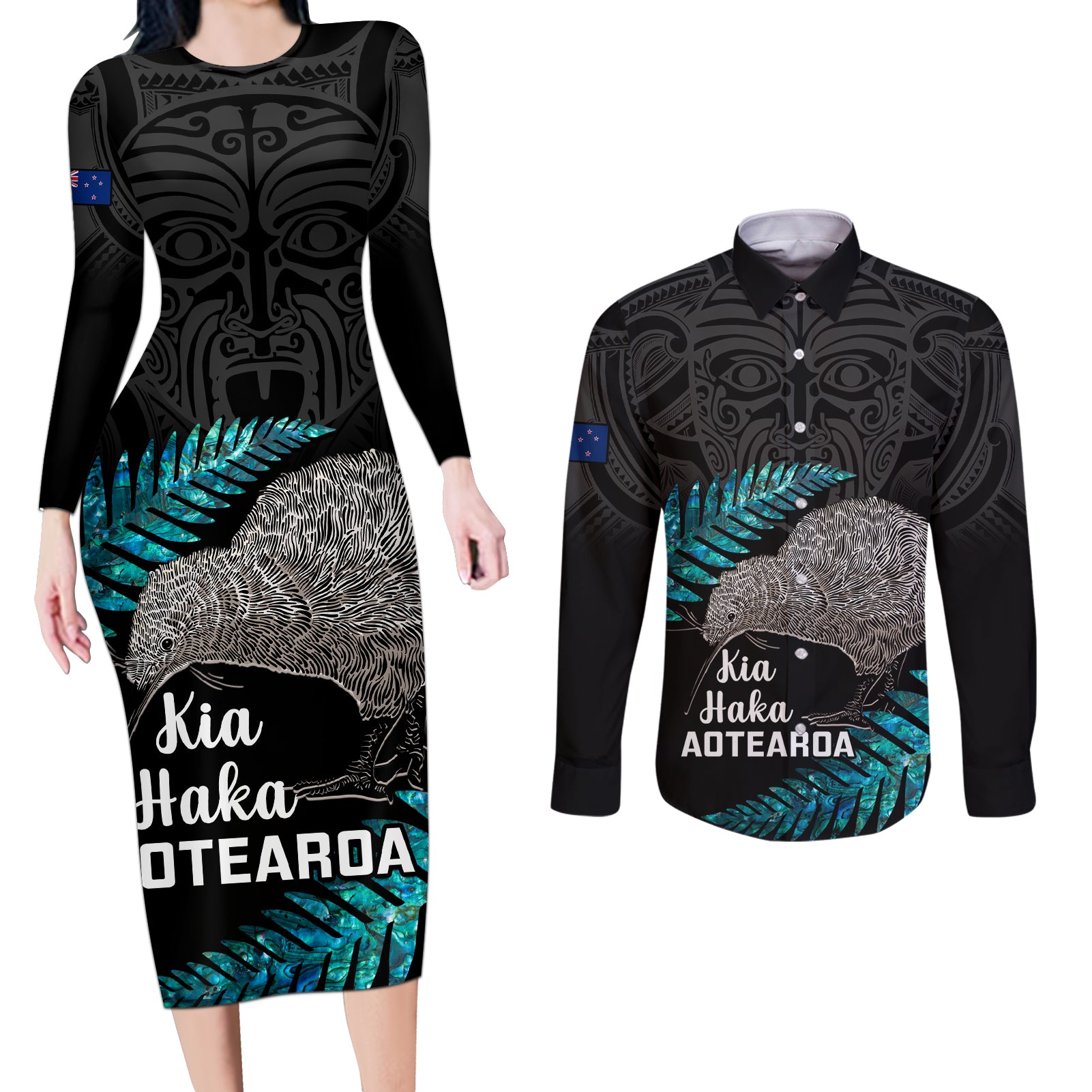 custom-new-zealand-silver-fern-rugby-couples-matching-long-sleeve-bodycon-dress-and-long-sleeve-button-shirts-pacific-2023-kia-haka-kiwis-with-maori-ta-moko