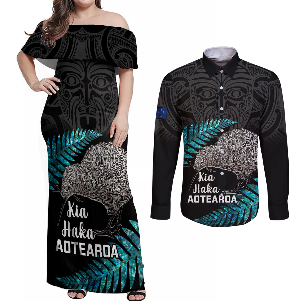 custom-new-zealand-silver-fern-rugby-couples-matching-off-shoulder-maxi-dress-and-long-sleeve-button-shirts-pacific-2023-kia-haka-kiwis-with-maori-ta-moko