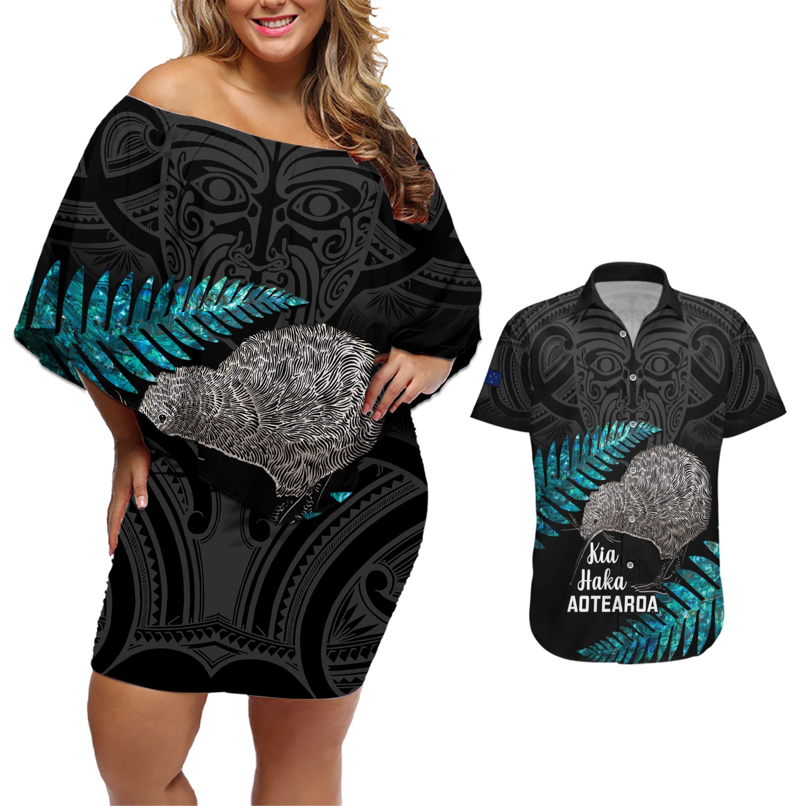 custom-new-zealand-silver-fern-rugby-couples-matching-off-shoulder-short-dress-and-hawaiian-shirt-pacific-2023-kia-haka-kiwis-with-maori-ta-moko