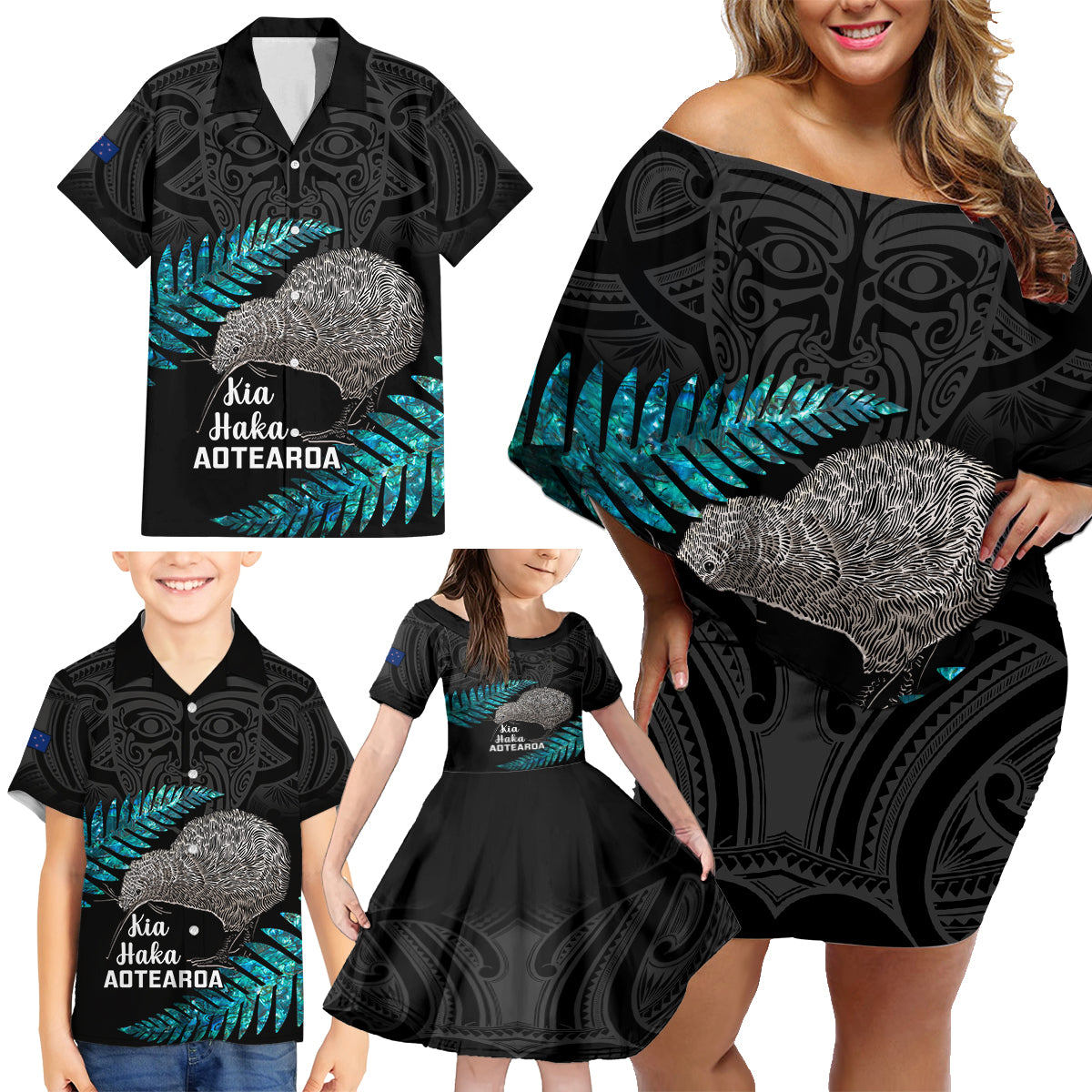 custom-new-zealand-silver-fern-rugby-family-matching-off-shoulder-short-dress-and-hawaiian-shirt-pacific-2023-kia-haka-kiwis-with-maori-ta-moko