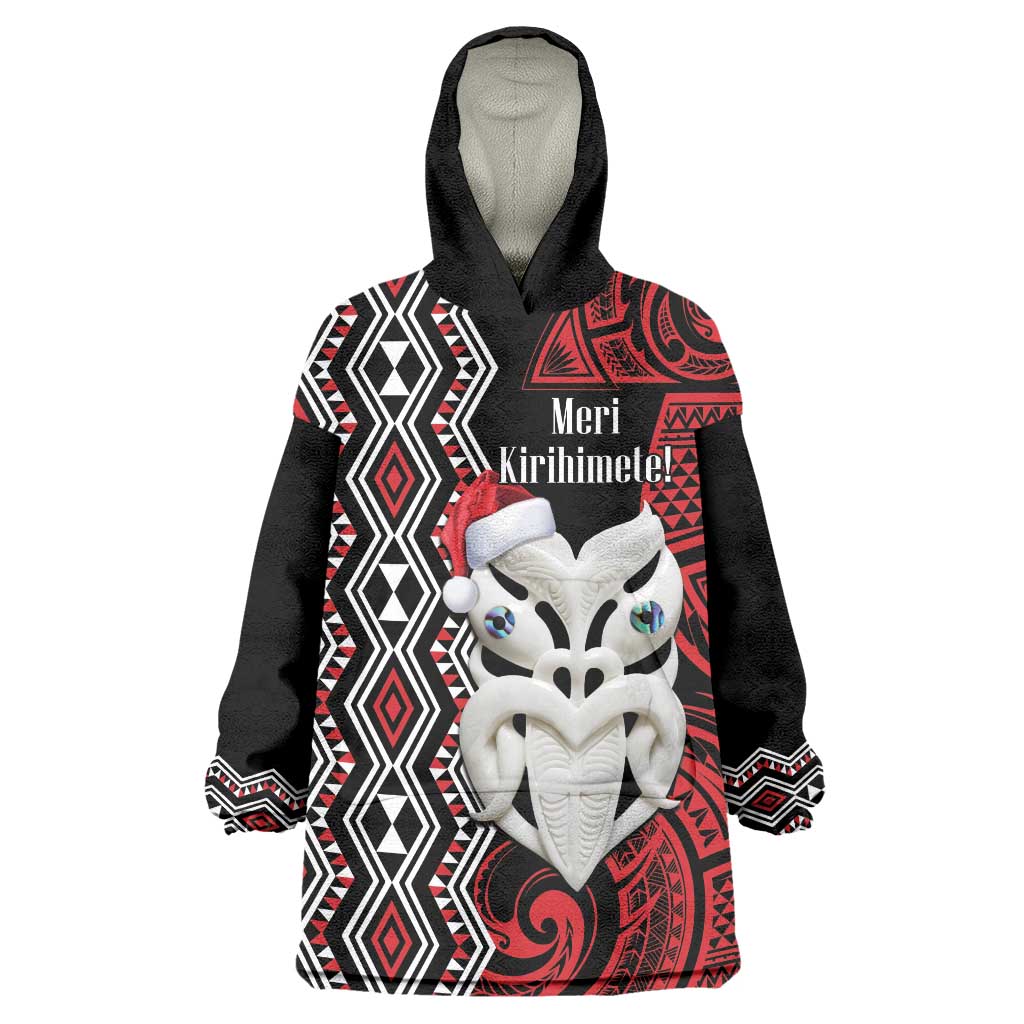 Personalised New Zealand Christmas Wearable Blanket Hoodie Meri Kirihimete Maori Wheku - Taniko Art - Vibe Hoodie Shop