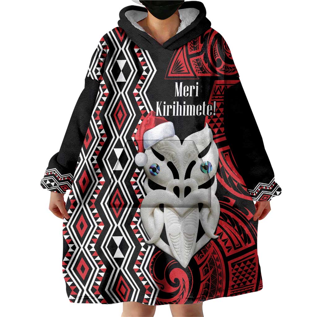 Personalised New Zealand Christmas Wearable Blanket Hoodie Meri Kirihimete Maori Wheku - Taniko Art - Vibe Hoodie Shop