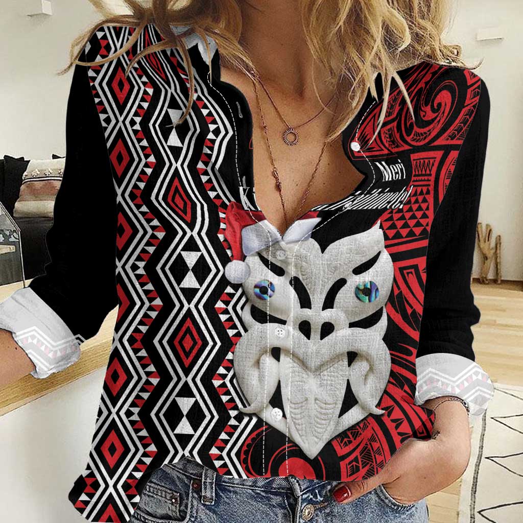 Personalised New Zealand Christmas Women Casual Shirt Meri Kirihimete Maori Wheku - Taniko Art - Vibe Hoodie Shop