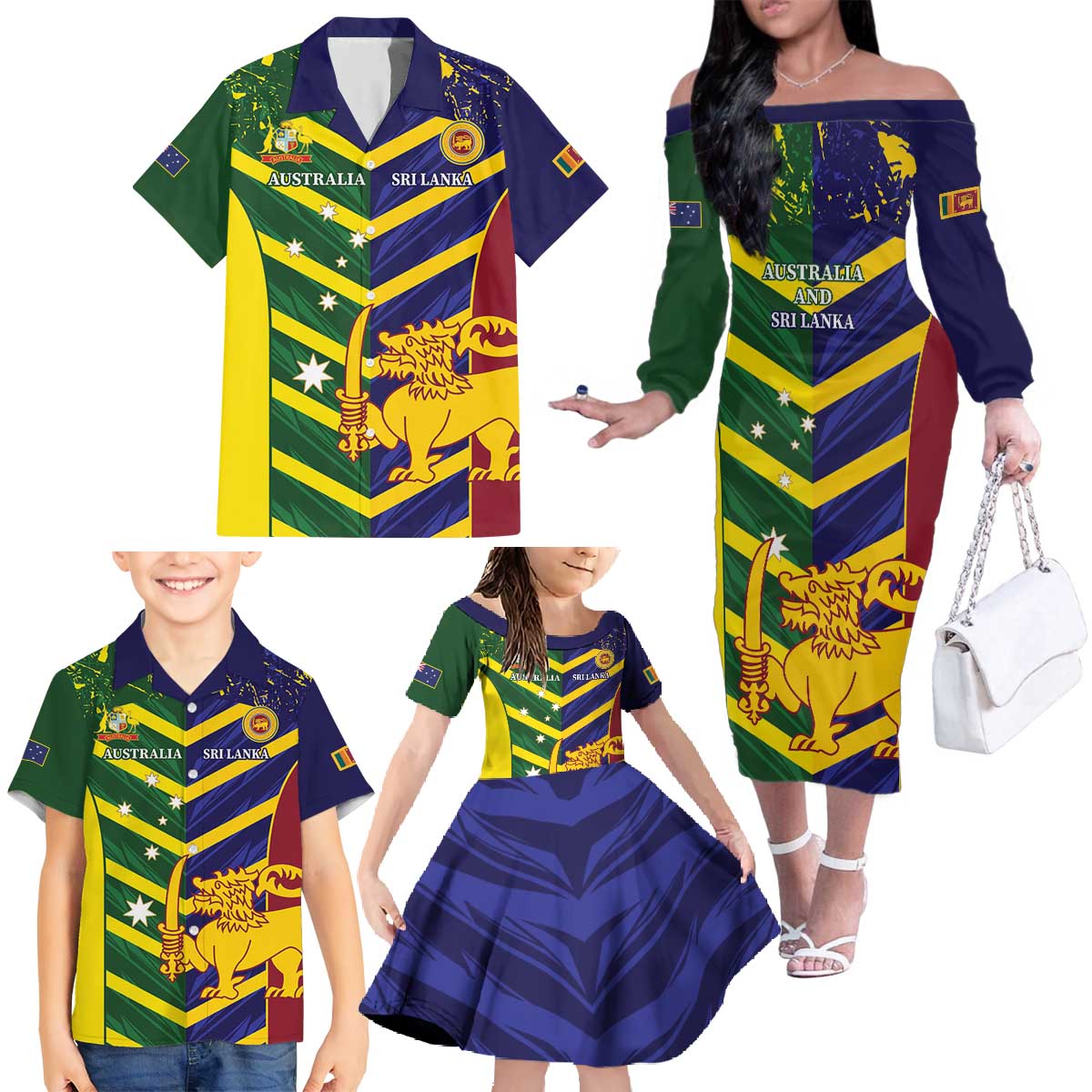 Custom Sri Lanka And Australia Cricket Family Matching Off The Shoulder Long Sleeve Dress and Hawaiian Shirt 2025 The Lions Baggy Greens Together