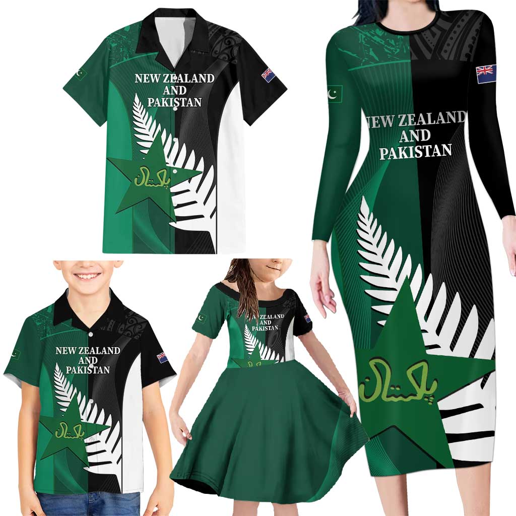 Custom New Zealand And Pakistan Cricket Family Matching Long Sleeve Bodycon Dress and Hawaiian Shirt 2025 Black Cap Shaheens Together