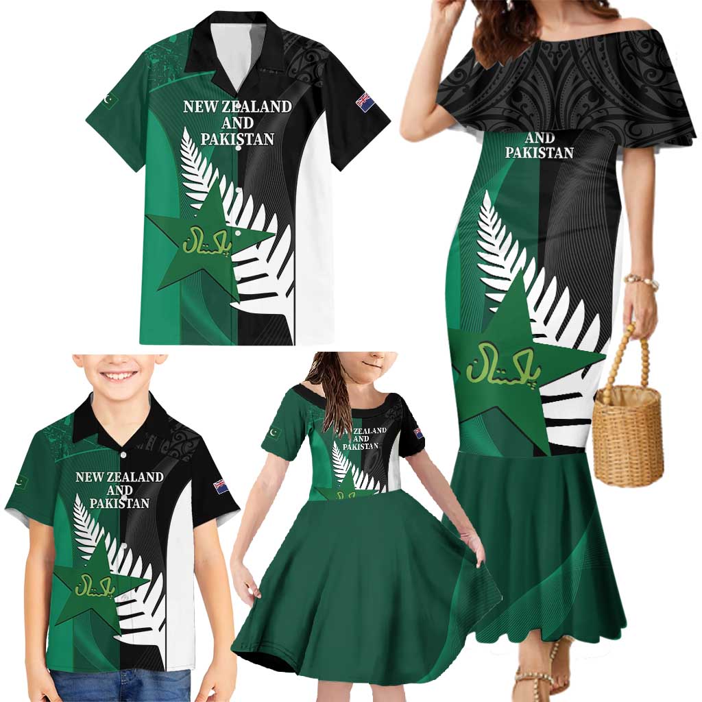 Custom New Zealand And Pakistan Cricket Family Matching Mermaid Dress and Hawaiian Shirt 2025 Black Cap Shaheens Together