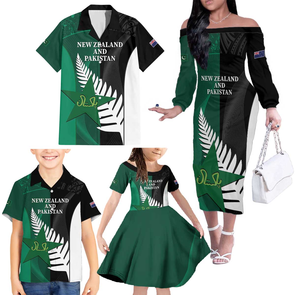 Custom New Zealand And Pakistan Cricket Family Matching Off The Shoulder Long Sleeve Dress and Hawaiian Shirt 2025 Black Cap Shaheens Together