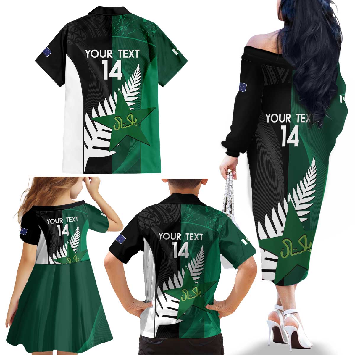 Custom New Zealand And Pakistan Cricket Family Matching Off The Shoulder Long Sleeve Dress and Hawaiian Shirt 2025 Black Cap Shaheens Together