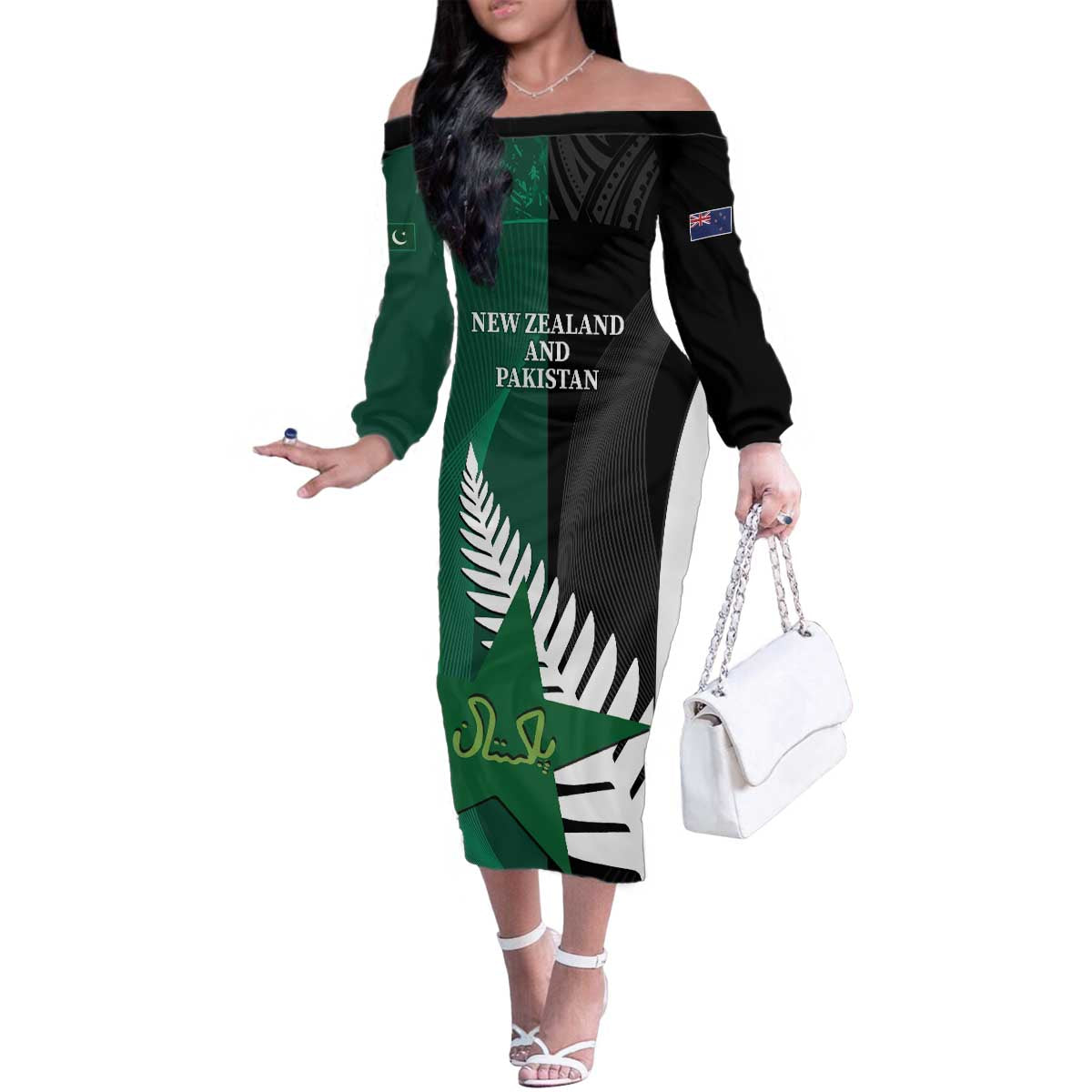 Custom New Zealand And Pakistan Cricket Family Matching Off The Shoulder Long Sleeve Dress and Hawaiian Shirt 2025 Black Cap Shaheens Together