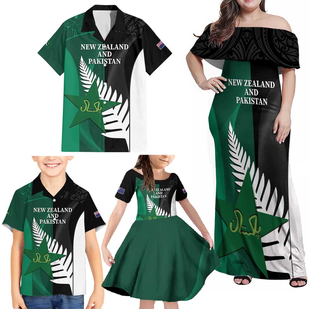 Custom New Zealand And Pakistan Cricket Family Matching Off Shoulder Maxi Dress and Hawaiian Shirt 2025 Black Cap Shaheens Together