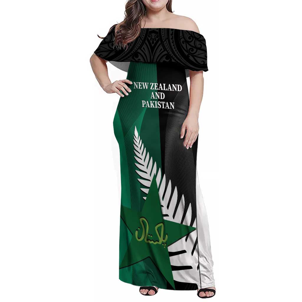 Custom New Zealand And Pakistan Cricket Family Matching Off Shoulder Maxi Dress and Hawaiian Shirt 2025 Black Cap Shaheens Together