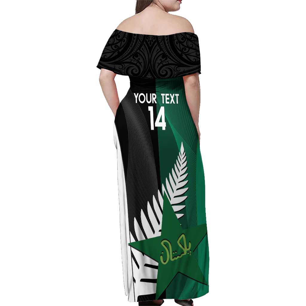 Custom New Zealand And Pakistan Cricket Family Matching Off Shoulder Maxi Dress and Hawaiian Shirt 2025 Black Cap Shaheens Together