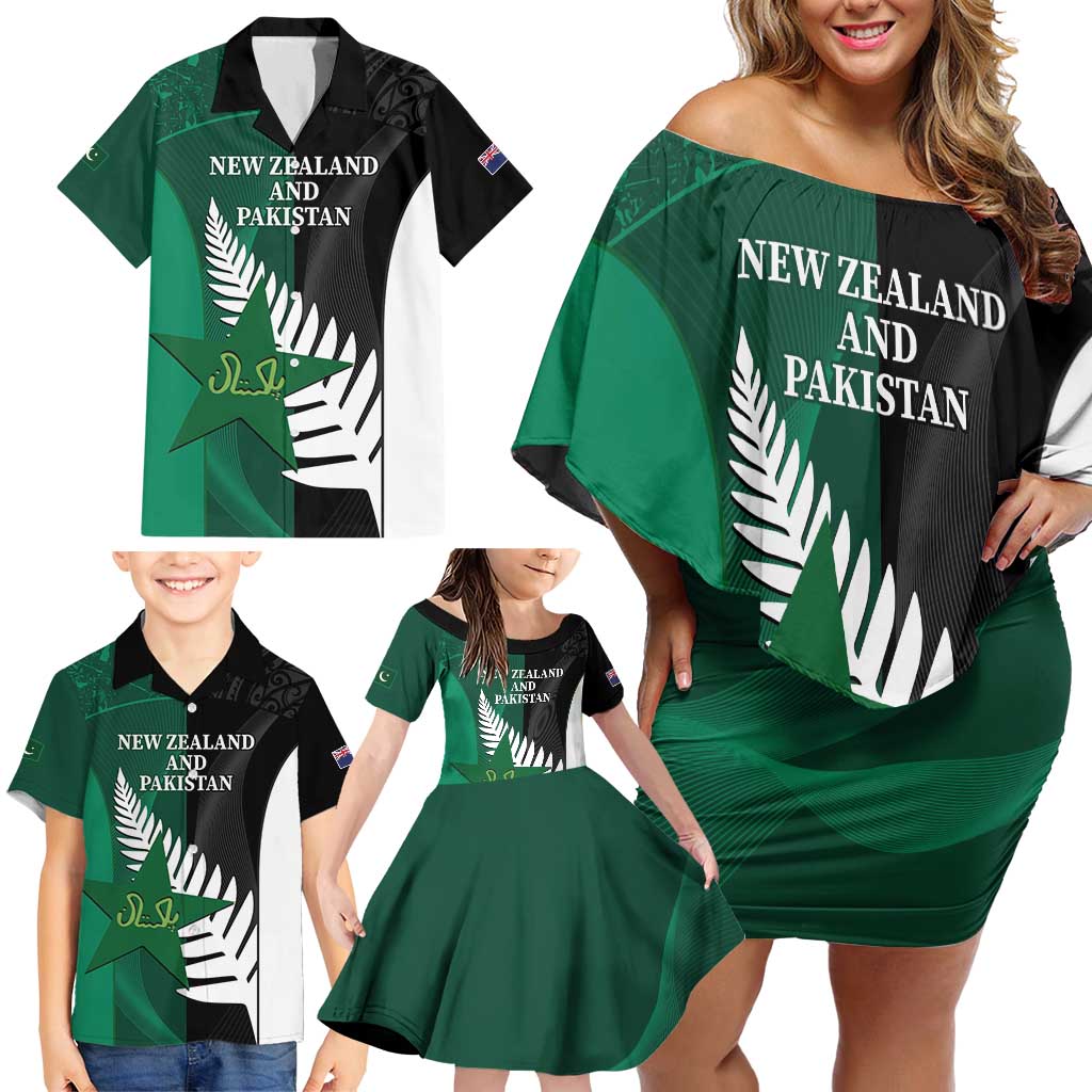 Custom New Zealand And Pakistan Cricket Family Matching Off Shoulder Short Dress and Hawaiian Shirt 2025 Black Cap Shaheens Together