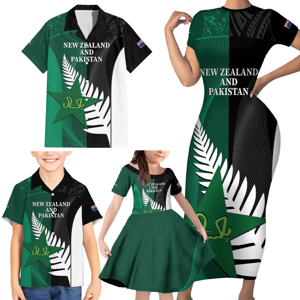 Custom New Zealand And Pakistan Cricket Family Matching Short Sleeve Bodycon Dress and Hawaiian Shirt 2025 Black Cap Shaheens Together