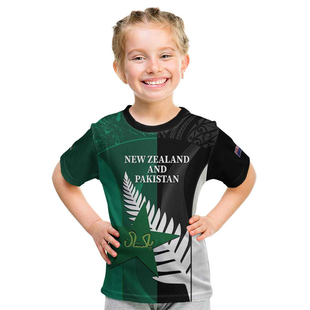 Custom New Zealand And Pakistan Cricket Kid T Shirt 2025 Black Cap Shaheens Together - Vibe Hoodie Shop