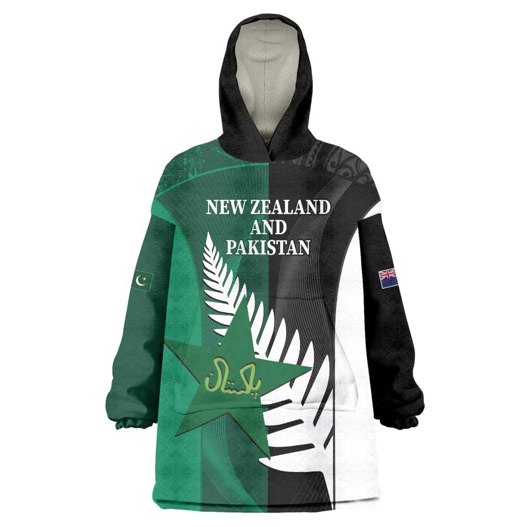 Custom New Zealand And Pakistan Cricket Wearable Blanket Hoodie 2025 Black Cap Shaheens Together - Vibe Hoodie Shop