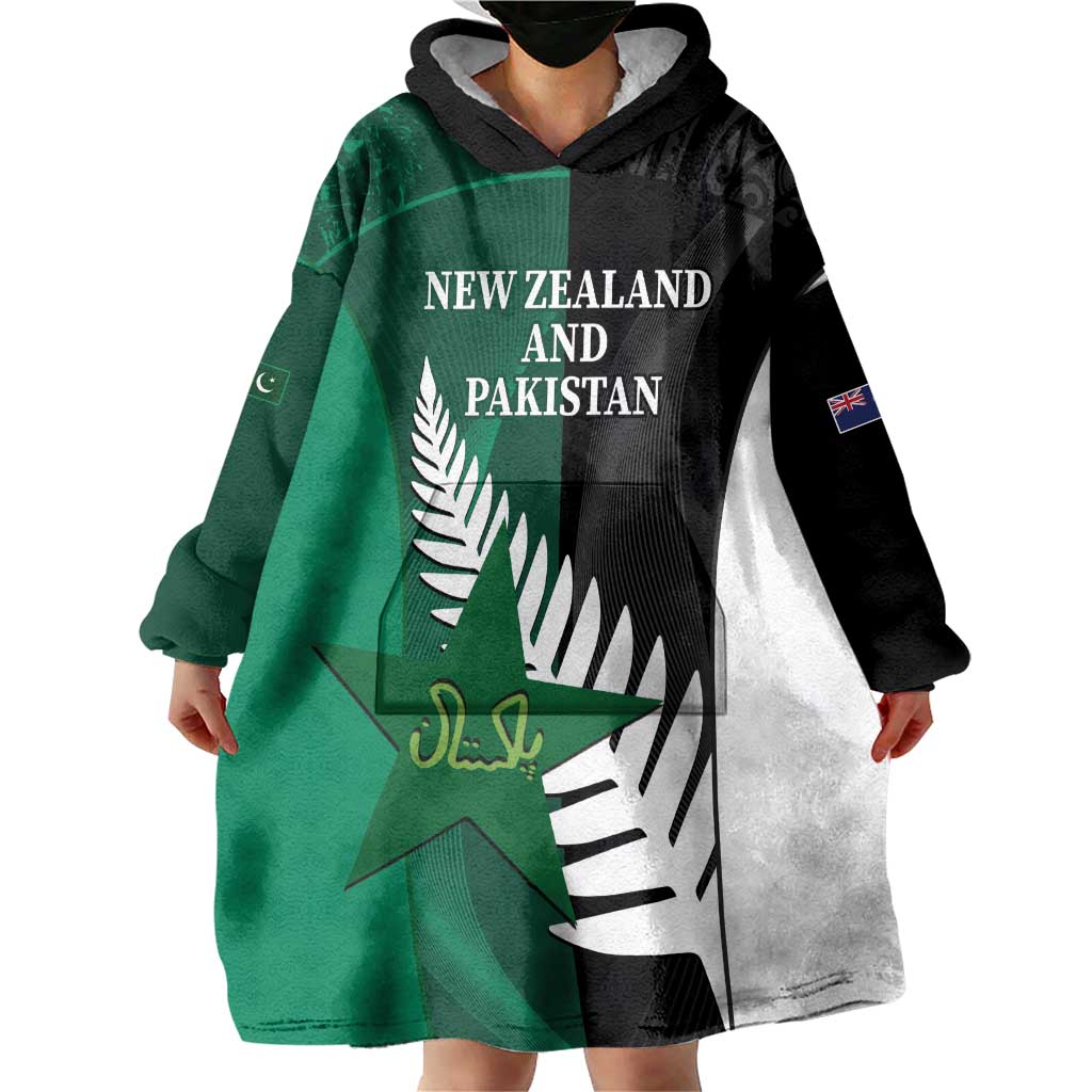 Custom New Zealand And Pakistan Cricket Wearable Blanket Hoodie 2025 Black Cap Shaheens Together - Vibe Hoodie Shop