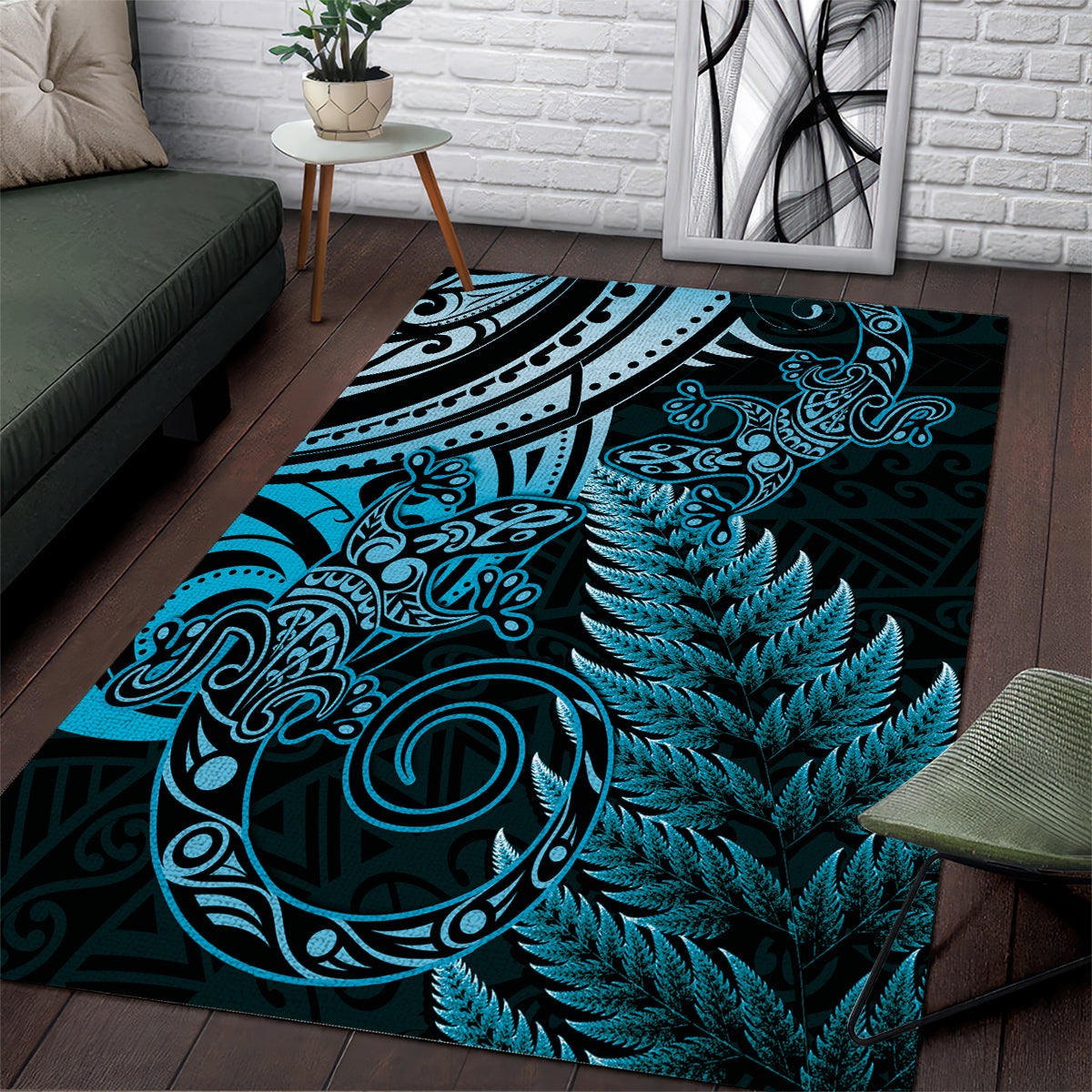 New Zealand Lizard Area Rug Silver Fern Aotearoa Maori Blue Version - Vibe Hoodie Shop