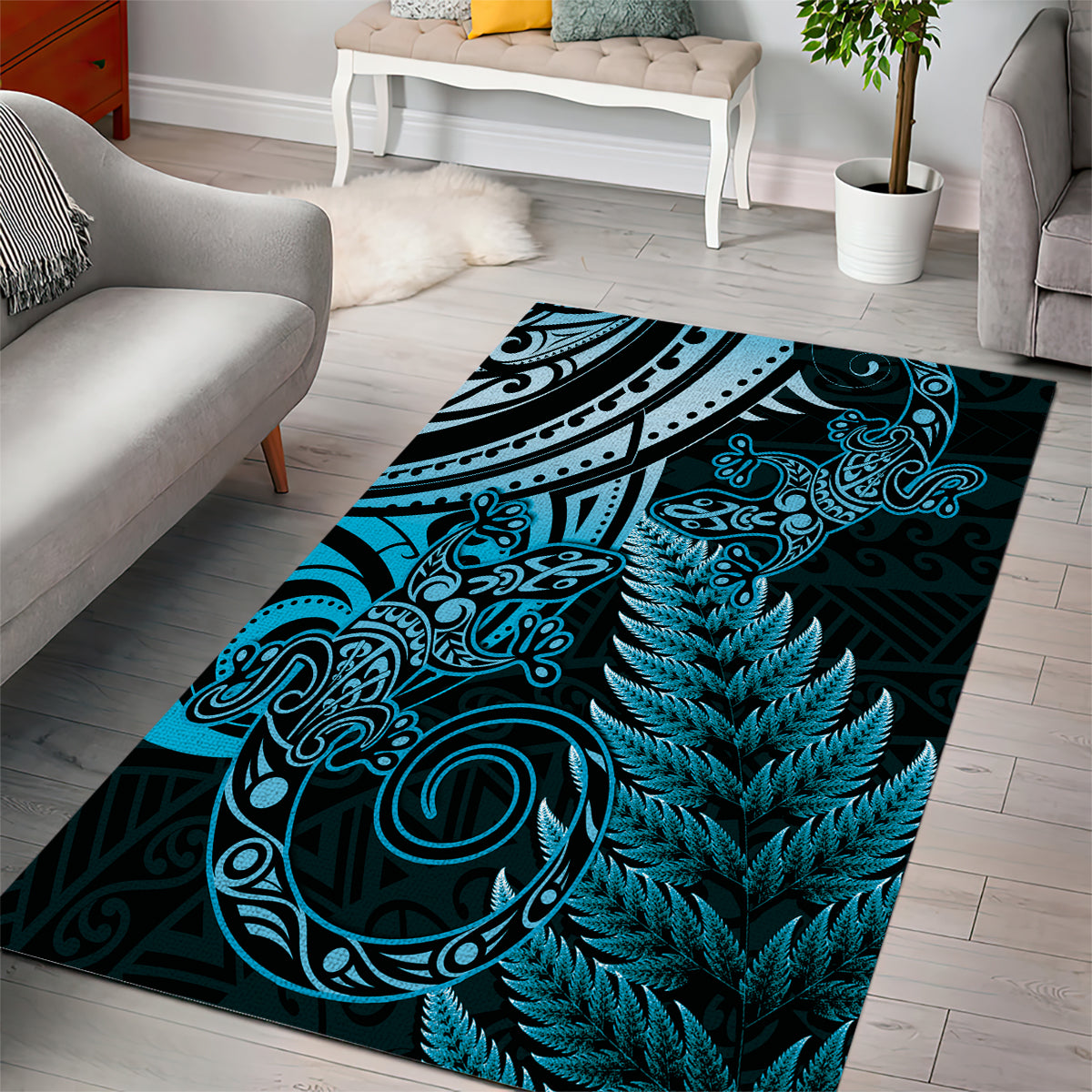 New Zealand Lizard Area Rug Silver Fern Aotearoa Maori Blue Version - Vibe Hoodie Shop