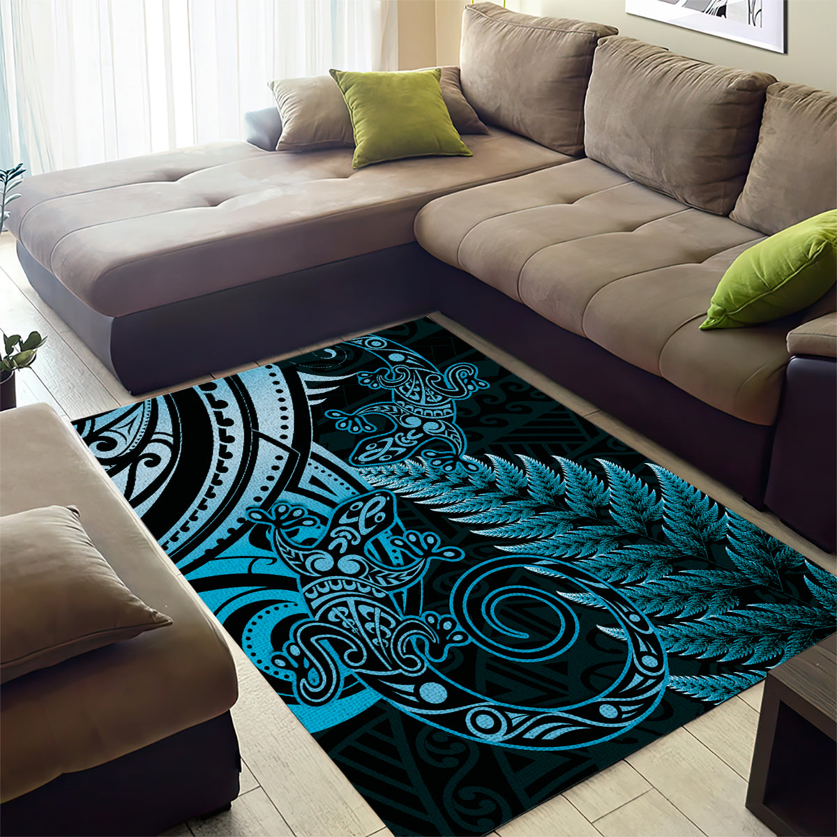 New Zealand Lizard Area Rug Silver Fern Aotearoa Maori Blue Version - Vibe Hoodie Shop