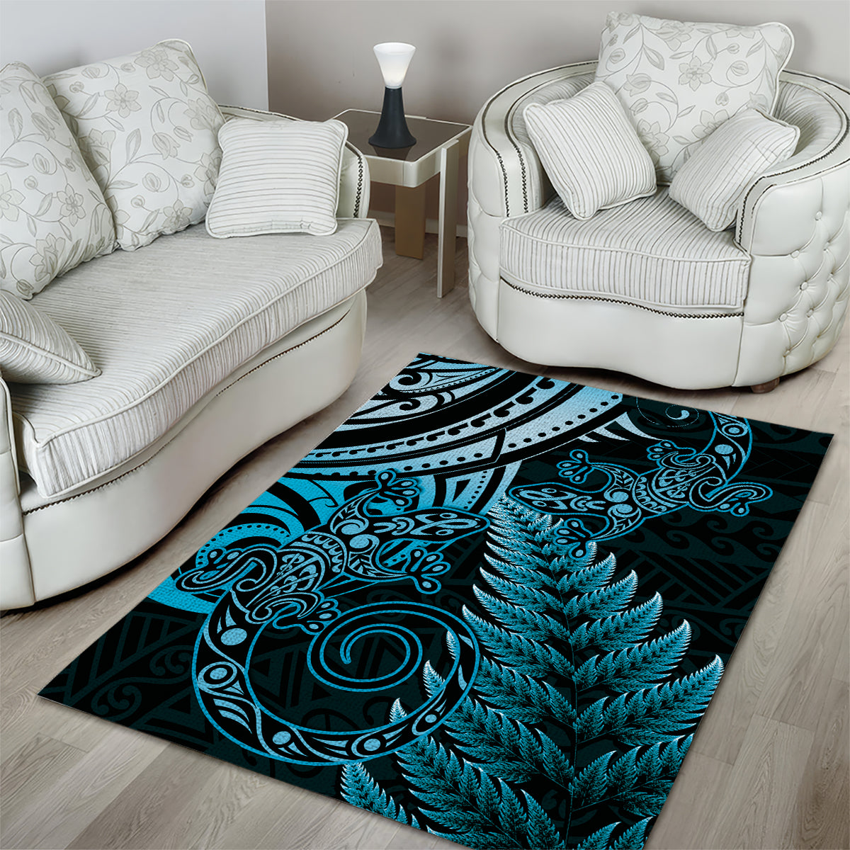 New Zealand Lizard Area Rug Silver Fern Aotearoa Maori Blue Version - Vibe Hoodie Shop